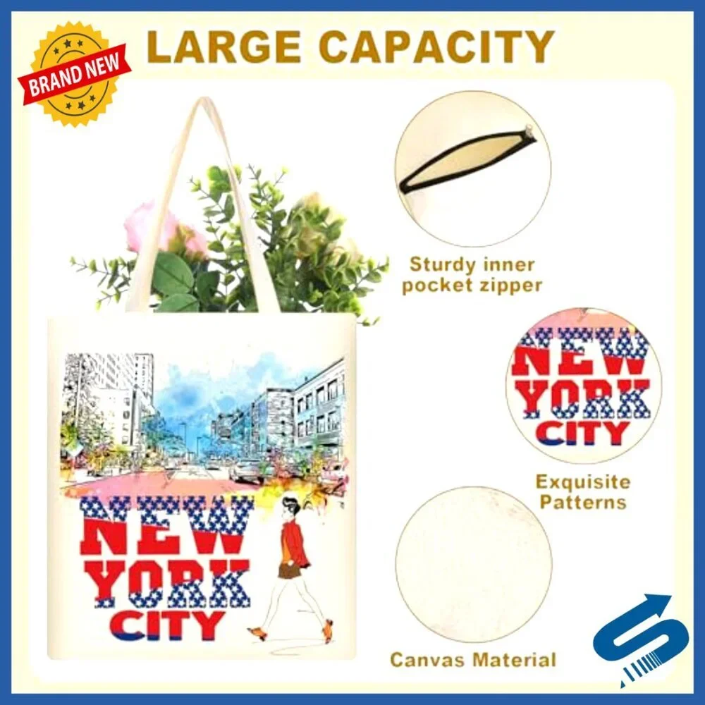 Reusable Canvas Tote Bags with Zipper Pocket NYC Souvenir Travel Gift Set